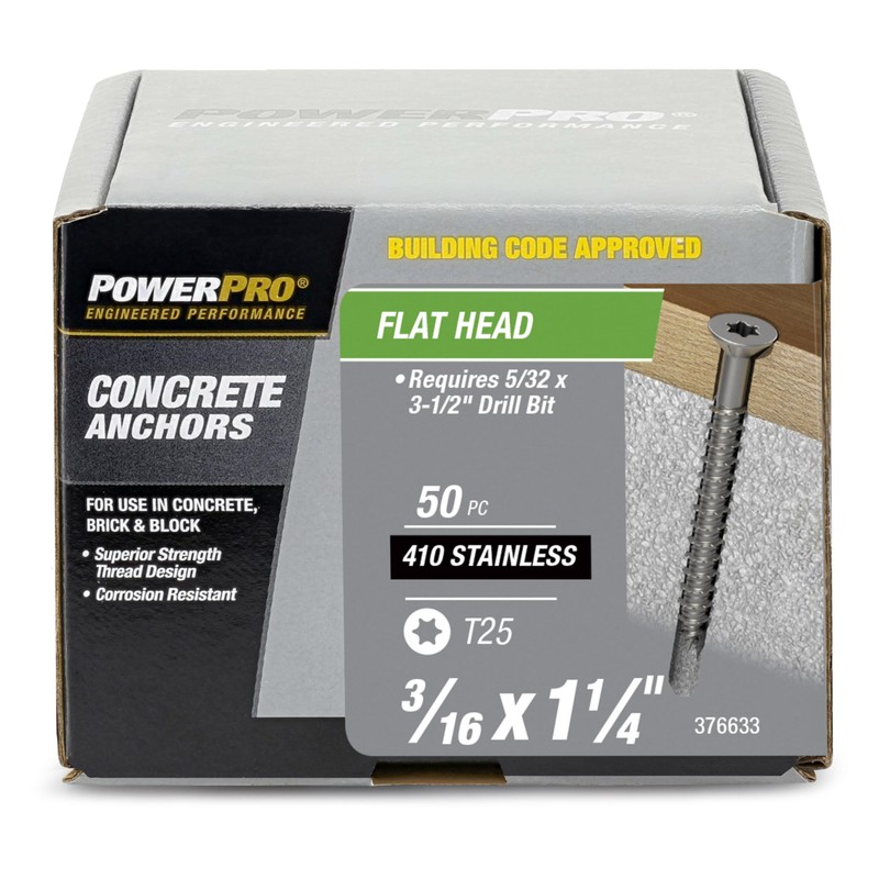 Power Pro 376633 Concrete Screw Anchors, 3/16" x 1-1/4", High-Performance,