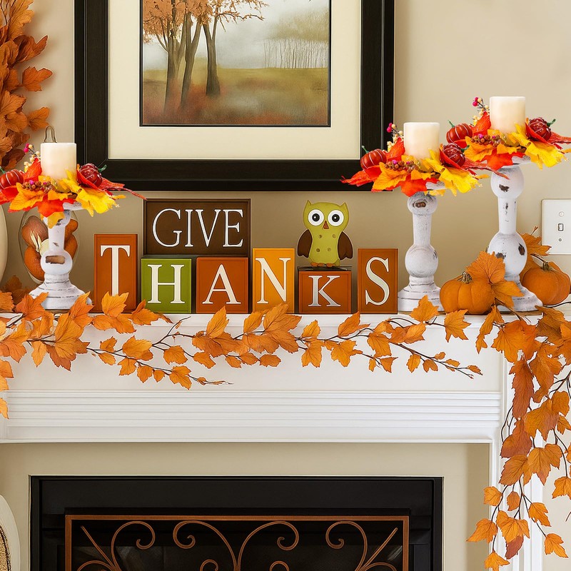 Mumufy 6 Pcs Thanksgiving Rustic Wooden Candle Holders for Pillar