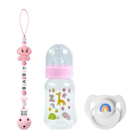 SCOM Reborn Baby Doll Accessories Set - Rainbow Magnetic Pacifiers & Removable Reusable Baby Doll Bottles with Silicone Pacifier Clips for Reallife Realistic Reborn Dolls Girls Boys, Pink Style, 3 Pcs