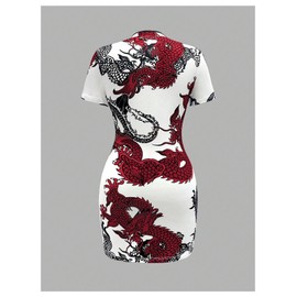 SOLY HUX Women's Cheongsam Dress Chinese Traditional Dragon Print Qipao Bodycon Mini Dress White Dragon Large