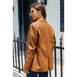 RISISSIDA Women Faux Leather Blazer Jacket Spring Fall Vegan Pleather Soft Casual Lapel Button Down Coat,Brown,L