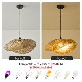 Teru Ji Kaikang Hand Woven Bamboo Pendant Light,23.62 in Bamboo Rattan Ceiling Hanging Light Hand Woven Wicker Chandelier for Living Room Kitchen Dining Room Farmhouse