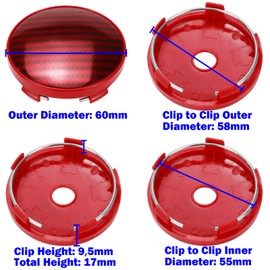Modengzhe Center Caps for Rims,60mm Wheel Rim Hub Center Covers Replacement 58mm Lug to Lug Dia,Red Base & Red Carbon Fiber Sticker,Pack of 4