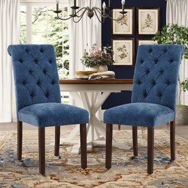 Tufted Dining Chairs Set of 2, Upholstered Parsons Dining Room Chairs, Fabric Kitchen Side Chair with Wood Legs, Blue