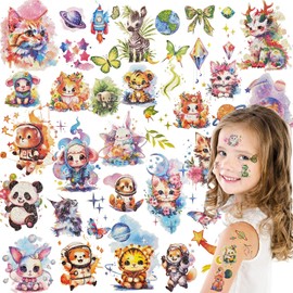 Qpout 18 Sheets Glitter Animal Temporary Tattoos for Kids,Jungle Animal Fake Tattoos,Cute Watercolors Tiger Dragon Cat Safari Tattoos for Animal Birthday Party Favors Supplies Decorations