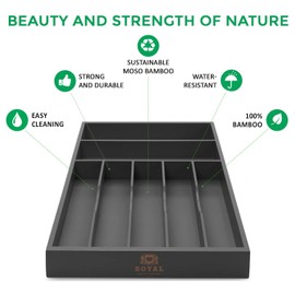 Bamboo Kitchen Drawer Organizer - Silverware Organize and Cutlery Tray with Grooved Drawer Dividers for Flatware and Kitchen Utensils (7 Slot, Black)