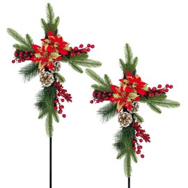 TWITTOOLS Christmas Cemetery Decorations for Grave 2 Sets Glitter Cemetery Flowers Cross Memorial Poinsettia Cross Stake Christmas Headstone Decor
