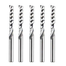 SpeTool Juego de 5 fresas de extremo de flauta O (una sola flauta) vástago de 1/4 pulgadas con longitud de corte de 1-1/2 extralargas de 3 pulgadas OVL, broca de corte en espiral para cortador de aluminio de PVC acrílico MDF