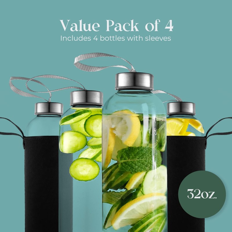 Kitchen Lux 32 oz Glass Water Bottle Set of 4