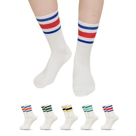 ZFSOCK Women's Cotton Crew Socks: Breathable Cotton Socks with Comfort Waistband and Seamless Toe, Ideal for Girls in Office, School and Leisure, Black, 5 Pairs, 35-38, White+Stripes, 43 - 46