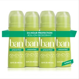 Ban Original Unscented 24-hour Invisible Antiperspirant, 3.5oz Roll-on Deodorant, 4-pack, Underarm Wetness Protection, with Odor-fighting Ingredients