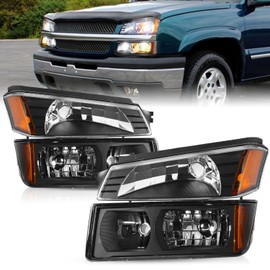 TUSDAR 4PCS Fits For 2002-2006 Chevy Avalanche with Body Cladding Pickup Bumper Lights Halogen Headlights Replacement Factory Headlamp Front Lamps LH+RH Black Housing