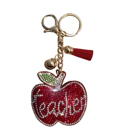 Popfizzy Teacher Keychain Accessories for Women, Rhinestone Red Apple Backpack Charm, School Bag Charm, Bling Teacher Gifts