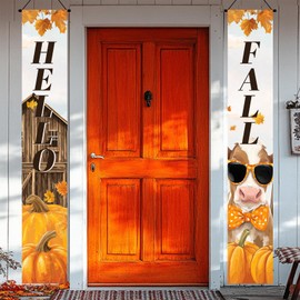 BlissYard Hello Fall Thanksgiving Porch Sign 12x71 Inch Vertical Autumn Pumpkin Harvest Door Banner Farm Cow Door Cover Hanging Wall Decoration for Fall Festival Indoor Outdoor Seasonal Decor