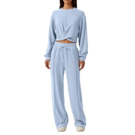 QINSEN Women 2 Piece Outfits Sweatsuit Set Twist Front Cropped Sweatshirt Wide Leg Sweatpant Lounge Set Tracksuit Sky Blue XL