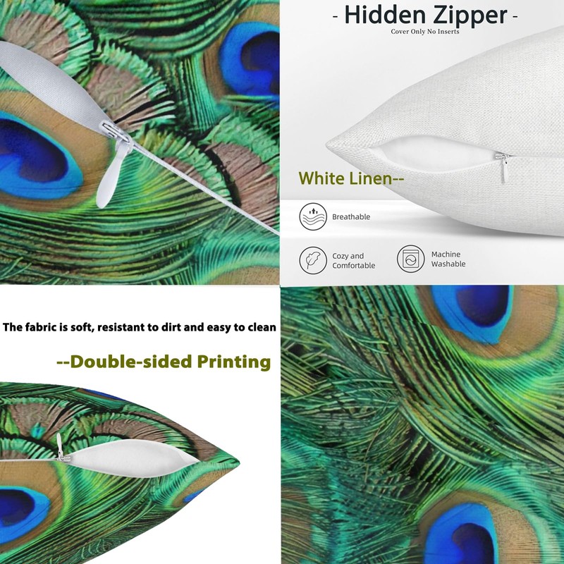 Doobicy 18X18 Inch Peacock Feather Throw Pillow Covers Set of