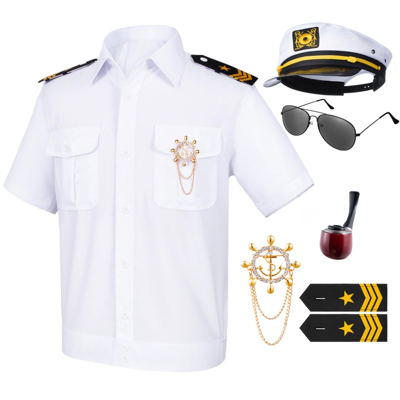 6PCS Men's Yacht Captain Sailor Costume Adult Shirt Hat Accessories