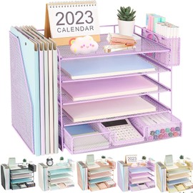 Youbetia Paper Letter Tray Organizer with Maganize Rack, 5 Tier Desk Organizers and Desk Accessories with Pen Holder, Office Desk Accessories Workspace Organization for Office Supplies (Purple)
