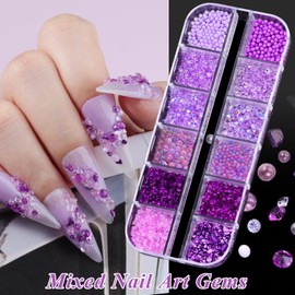 6 Boxes Flatback Pearls and Rhinestones for Crafting, Mixed Size 2-6mm Resin Rhinestones Gems Pearls for Bedazzling, DIY Nail Shoes Clothes Tumblers and Grad Cap Decoration with Pickup Tools(Purple)