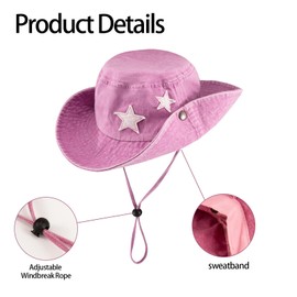 Cotton Boonie Hat,Packable Bucket Hat with Strings,Outdoor Travel Beach Sun Hat Fishing Hiking Safari Hat for Women Men (Pink with Star Patch)