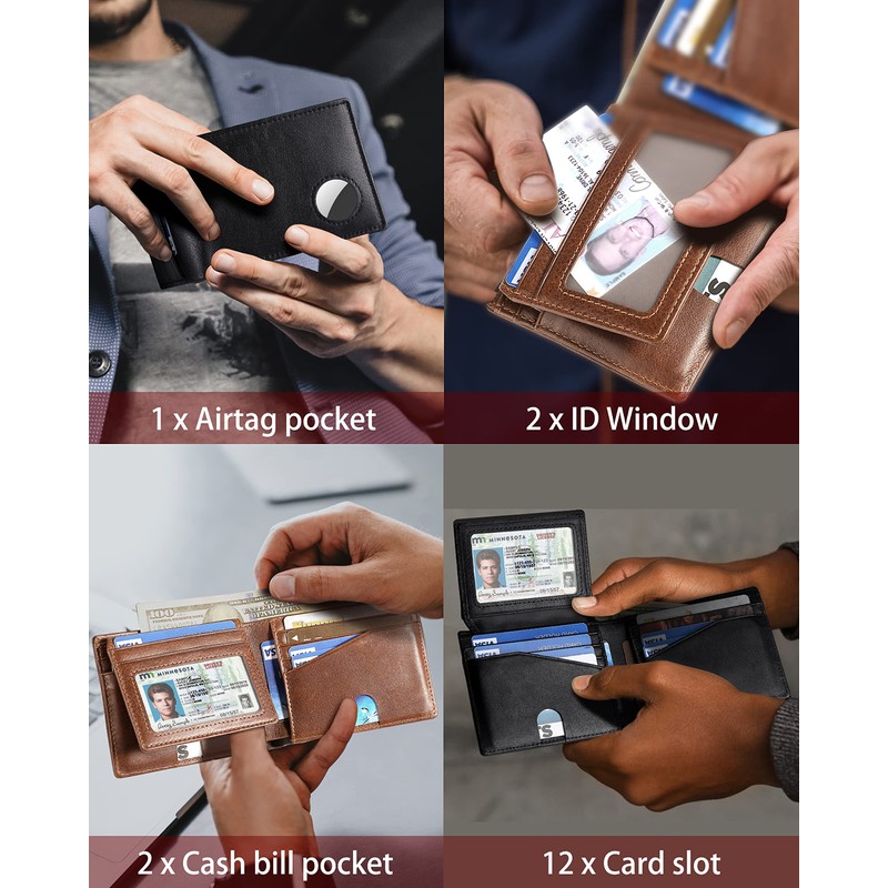 Wallet with AirTag Holder - Bifold Genuine Leather RFID Blocking