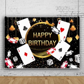 Casino Birthday Backdrop Las Vegas Casino Night Backdrop Black and Gold Party Decorations Poker Chip Dice Photography Background 7x5ft(210x150cm) Photo Studio Props