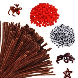 940 Pcs Christmas Brown Pipe Cleaners Set, Christmas Craft Supplies Including 200Pcs Brown Chenille Stems, 370Pcs Self-Sticking Wiggle Googly Eyes and 370Pcs Red Pompoms for Christmas Reindeer Crafts