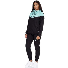 Violento Women's Jogging Suit 0984, Cool Fitness Suit Made of Cotton, Training Jacket with Zip and Hood, Sports Suit with Elasticated Cuffs, S-3XL, Black Mint, xxl