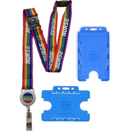 20mm Nurse Rainbow Lanyard with Integrated Badge Reel & 3 Point Safety Breakaway & Double Blue ID Card Holder (Horizontal Card Holder)