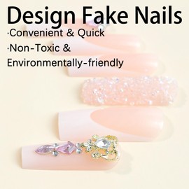 FOXIIU Press on Nails Coffin Long Length Glossy Full Cover Acrylic Coffin Shape French False Nails with Diamond Designs Artificial Square Fake Nails with Charms Stick on Fingernails for Women Girls