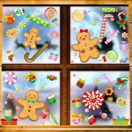 Christmas Window Clings Holiday Window Clings Winter Decorations Indoor 111pcs Cartoon Gingerbread Man Candy Cane Christmas Gel Window Clings Decorations for Candyland Party Decorations