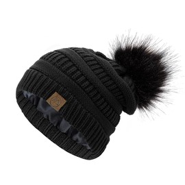 Zando Satin Lined Winter Hats for Women Beanies Women Satin Lined Beanie with Pom Pom Beanie Womens Winter Hats Warm Winter Hat Knit Beanie Hats for Women Womens Beanies for Winter Black Haired Ball