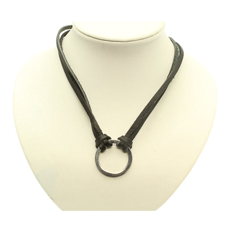 Black Leather Cord Necklace with Silver Coloured Round Metal Pendant