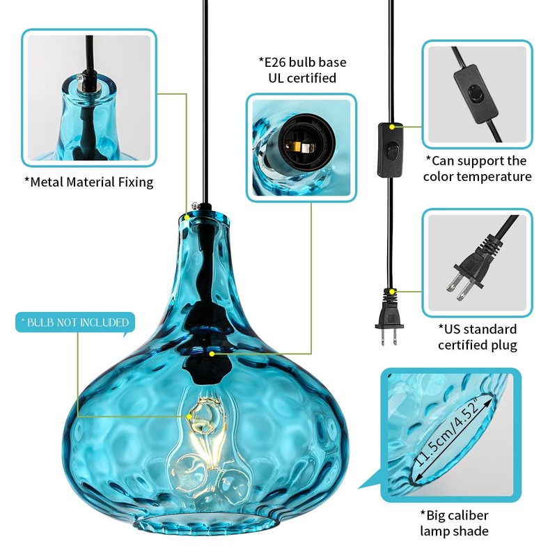 Qufute Mid-Century Modern Plug in Pendant Light Fixture,Blue Glass Pendant