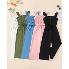 Clothes for Girl 10-12 Girls Jumpsuit Kids Fashion Preppy Ruffle Sleeveless Wide Leg Belted One-Piece Romper Smocked Summer Outfits with Pockets Denim Blue