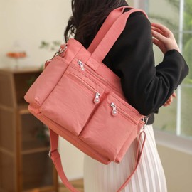 YouNuo Nylon Tote Bag for Women with Zipper, Lightweight Work Tote Bag with Multi Pockets, Waterproof Handbags Shoulder Bag, Large Capacity Crossbody Purse for Work Travel Beach, Pink