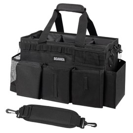 SCAVATA Wearable Cleaning Caddy Bag, Supplies Organizer with Handle & Shoulder Straps for Housekeepers, Under Sink & Car Cleaning Tool Organizer with 4 Foldable Dividers (Black)