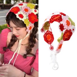 Crochet Hair Bandanas Scarf for Women Flowers Head Kerchief Scarves for Teen Girl Sweet Triangle Headscarf Bandana Hairband Cute Hair Accessories Decorations for Women Girls Floral Headbands Headwraps