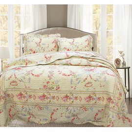 Cozy Line Home Fashions Rose Romance Khaki Cream Yellow Floral Blooming Flower Printed Cotton Quilt Bedding Set Reversible Coverlet Bedspread Gifts for Women(Rose Romance, Queen - 3 Piece)