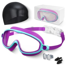 Hurdilen Kids Swim Goggles, Anti-fog, UV Protection and Wide View with Swim Cap for Age 3-15 Youth Boys Girls Toddler