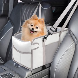 Dog Car Seat for Small Dogs, Portable Center Console Dog Car Seat with Washable Cushion, Adjustable Straps Puppy Car Seat Safety Leash and Storage Pocket Pet Booster Seat for Car- Beige