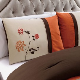 Chezmoi Collection Serene 7-Piece Luxury Autumn Floral Embroidery Comforter Set, King, Orange/Brown/Taupe