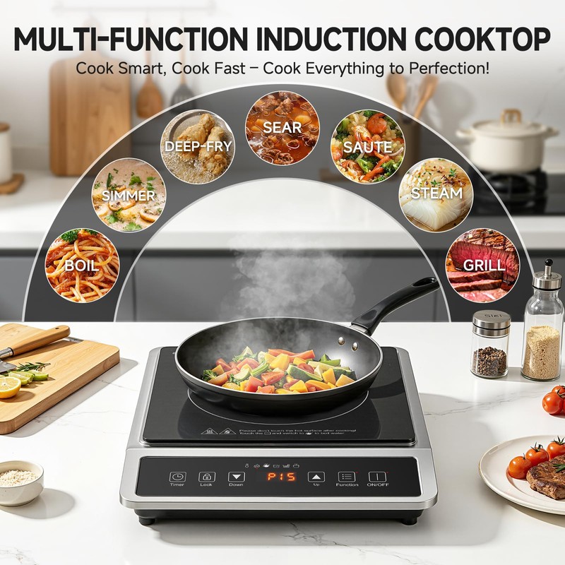 AMZCHEF 1800W Induction Cooktop Commercial: Large 8" Heating Coil Induction