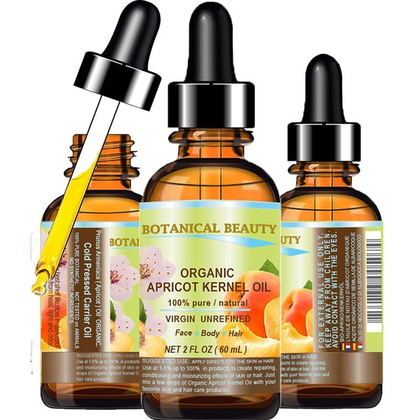 Botanical Beauty ORGANIC APRICOT KERNEL OIL Australian. 100% Pure Virgin Unrefined Cold Pressed Carrier Oil 2 oz- 60 ml. For Face, Hair, Body, Nails, Skin, Anti - aging