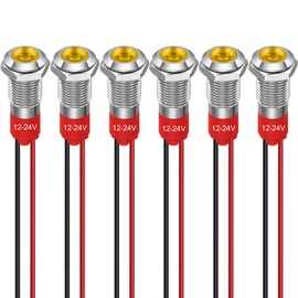 GUUZI 8mm LED Indicator Light 12-24V Waterproof Signal Light Metal Plate LED Indicator Signal Light Plate Mount Flat Head with Wires Silver Housing (Yellow, 6 Pieces)