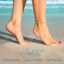 FOCALOOK Gold Anlets for Ladies, 3mm Flat Snake Chain Ankle Bracelets Stainless Steel Link Chain Anklet Summer Accessories 22cm+5cm