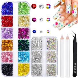 Nail Art Rhinestone Colorful Rhinestones Round Glass Gems Ab & Silver Flatback Crystal Diamonds with Tweezers and Wax Pencil Suitable for Nail Makeup Art Design and DIY Craft Projects