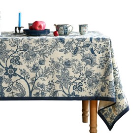 ISAENNE French Floral Tablecloth for Rectangle Tables,Linen Table Cloth with Blue Flowers Pattern,Heavy Durable Table Cover for Dining Kitchen Decor Party Banquet Christmas,55"*71"