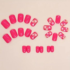 Square Press on Nails Short Rose Red Fake Nails with White Flower Design Glue on Nails Glossy False Nails Acrylic Full Cover Nails Press ons Artificial Stick on Nails for Women 24Pcs