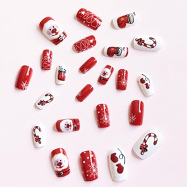 Christmas Press on Square Nails Short Length Glossy Acrylic Square Shaped Winter False Nails with Designs Artificial Square Xmas Holiday Fake Nails Glue Stick ons Fingernails for Women Girls(JB115)